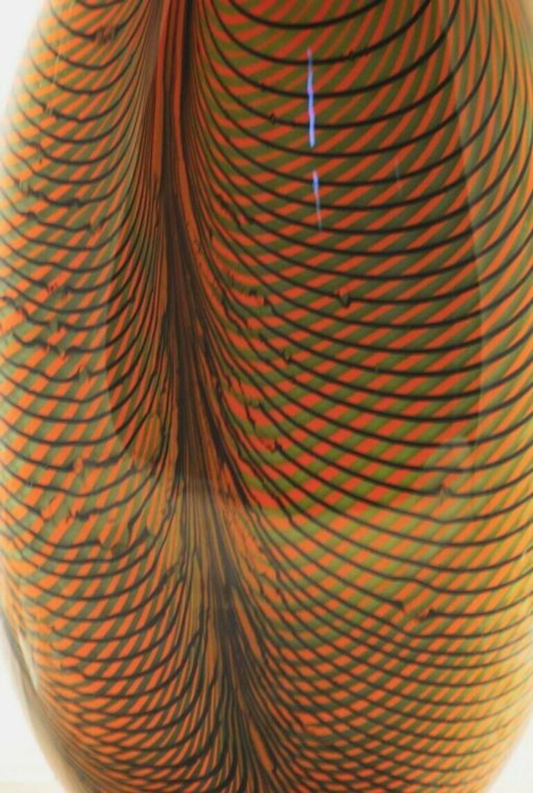 Alberto Donà, Tall Feather Vase, Black Green Filigree Over Terracotta Background photo vintage