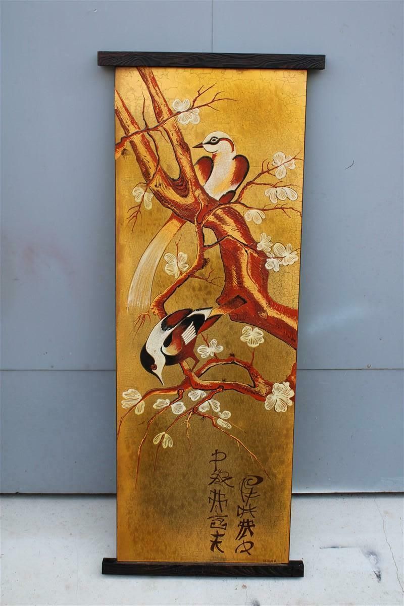 Asian Decorative Panel Birds Almond Blossom Enamel On Metal Italy photo furniture