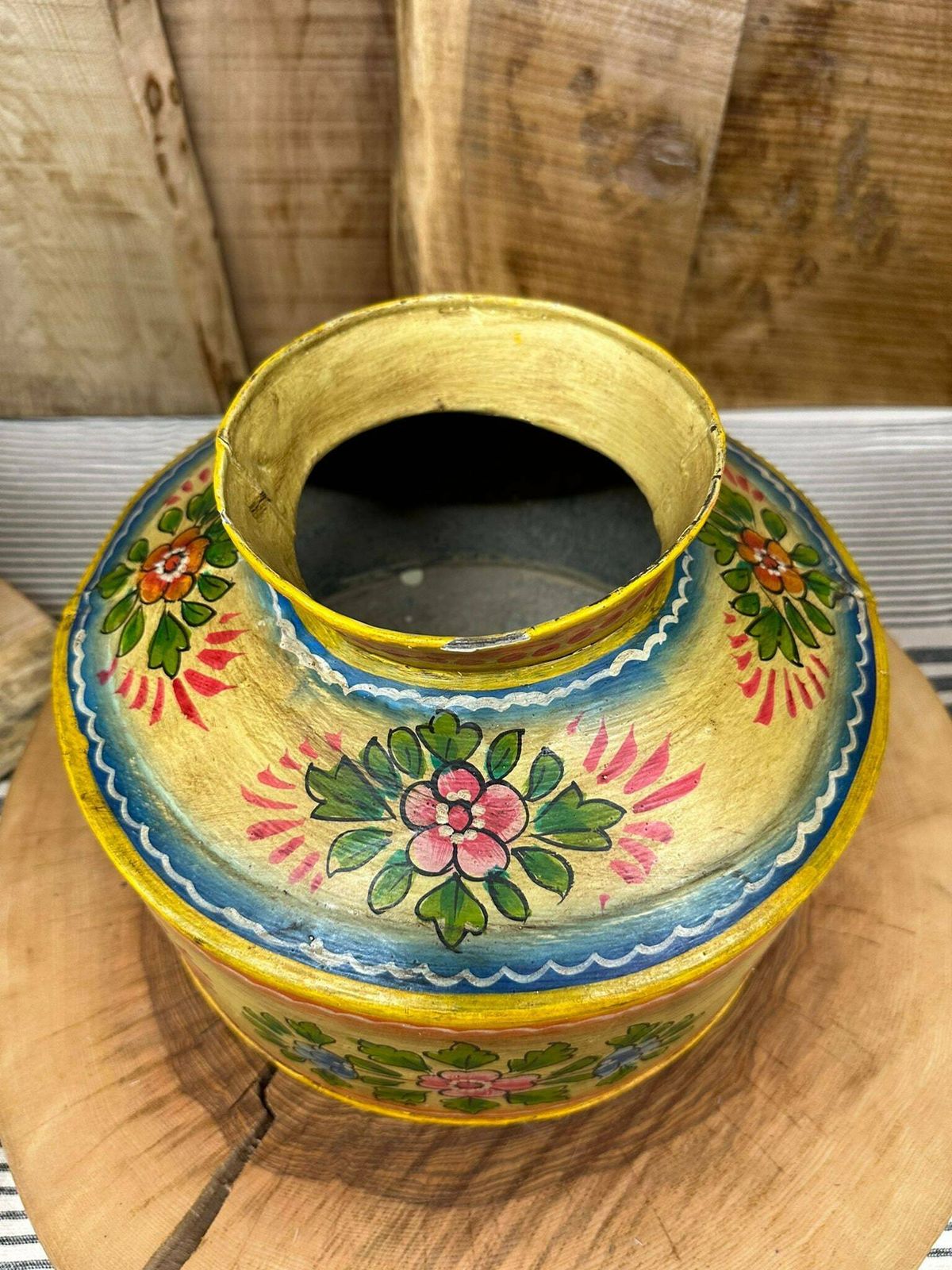 Vintage Painted Indian Water Pot / Riveted Handmade Metal Pot / Metal Vase A photo buy