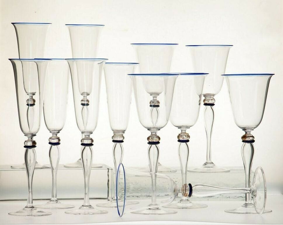 2400.0 Set 6 Flutes And 6 Stem Glass Cenedese Murano Cobalt And Gold Accents, 80s photo
