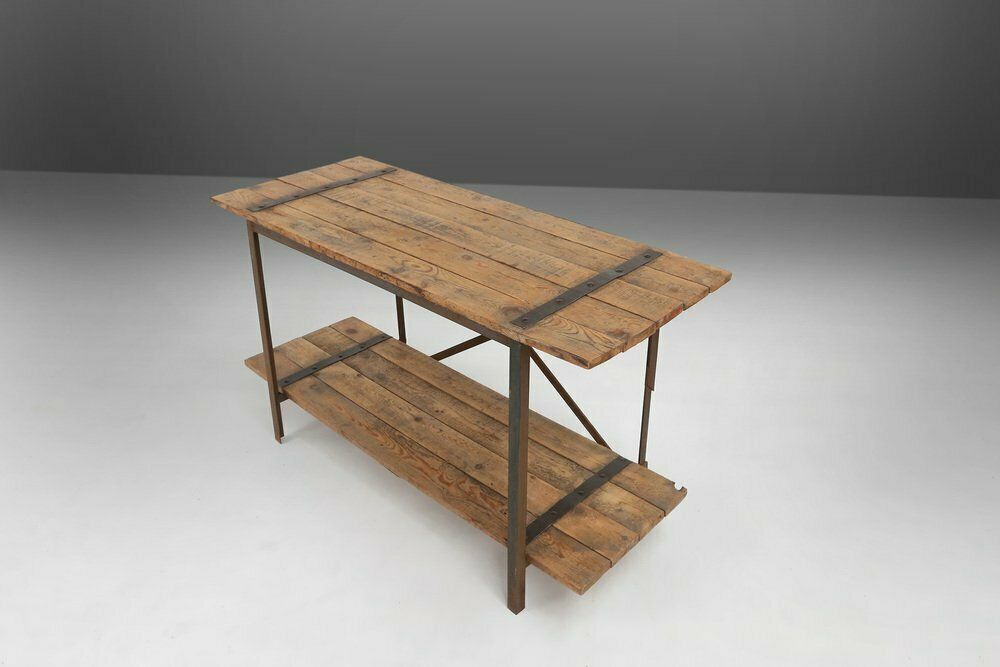 Industrial Side Table With Metal Frame And Wooden Top And Removable Platform, Belgium, 1920s photo furniture