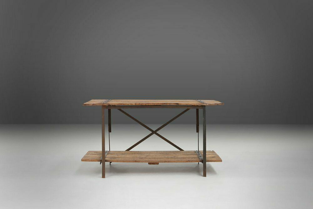 Industrial Side Table With Metal Frame And Wooden Top And Removable Platform, Belgium, 1920s photo for sale