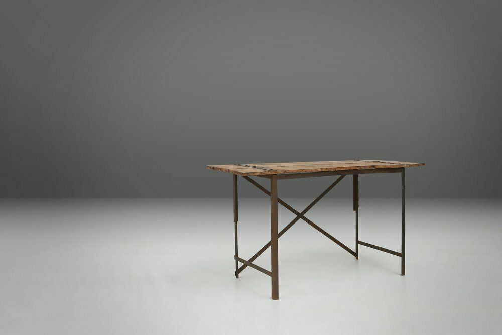 photo furniture Industrial Side Table With Metal Frame And Wooden Top And Removable Platform, Belgium, 1920s