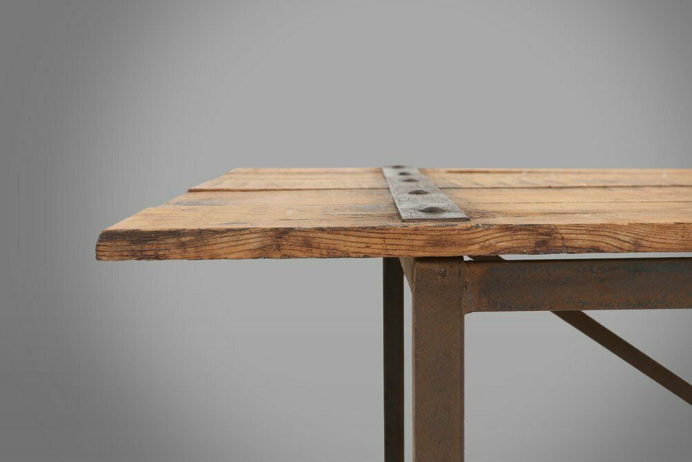 photo for sale Industrial Side Table With Metal Frame And Wooden Top And Removable Platform, Belgium, 1920s