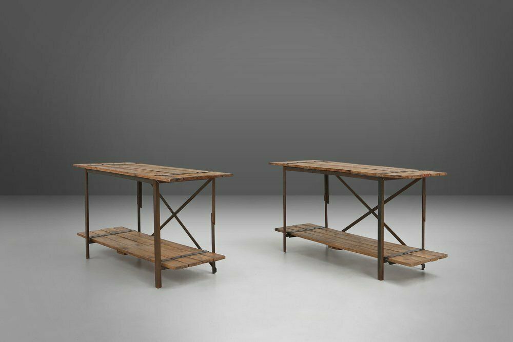 photo vinterior Industrial Side Table With Metal Frame And Wooden Top And Removable Platform, Belgium, 1920s