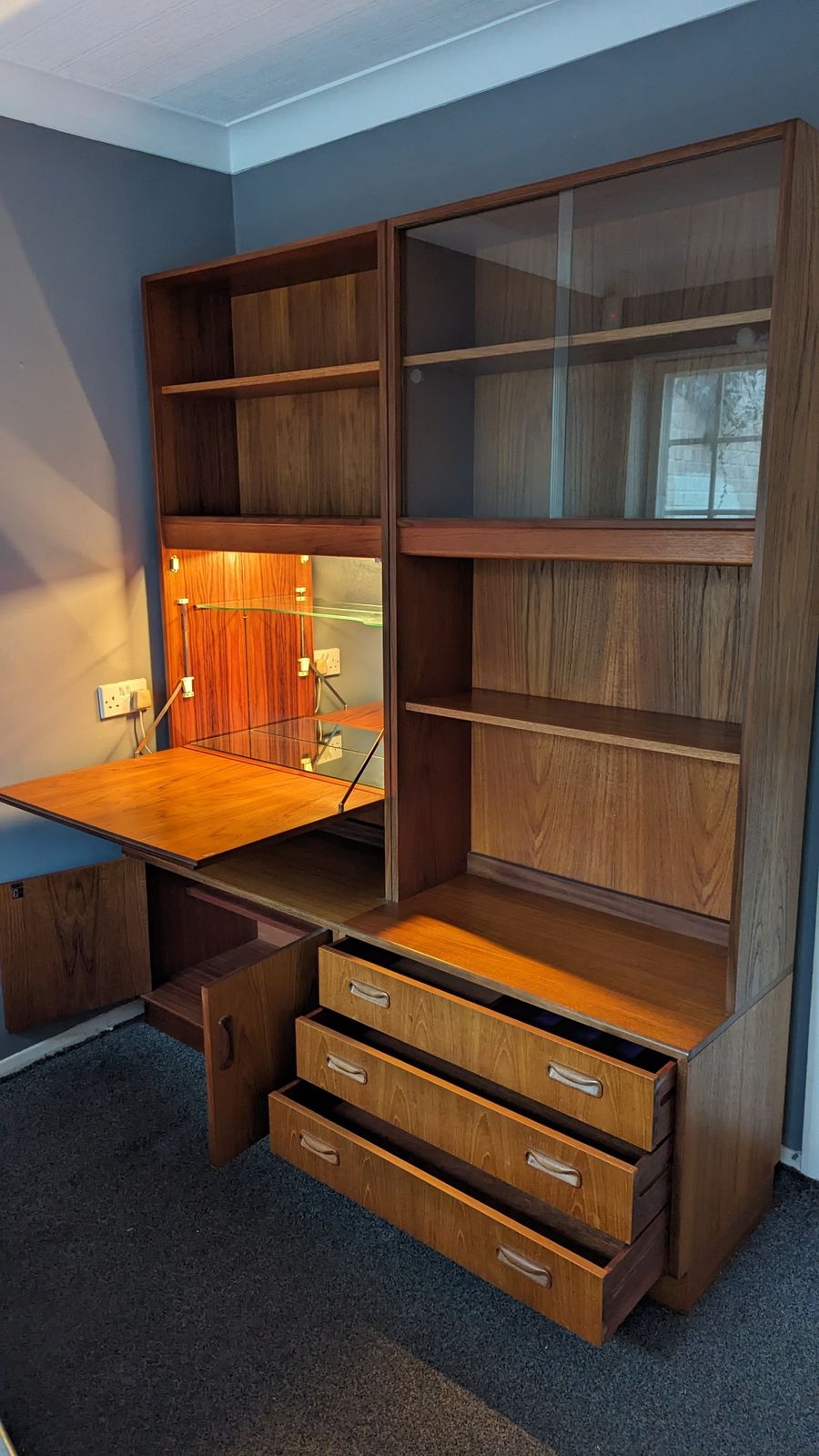 Reduced!!! 3 X G Plan Matching Tall Cabinets   All In Beautiful Condition With Original Lights Working. 1 X Bureau, 1 X Bar, 1 X Glass And Cutlery photo for sale