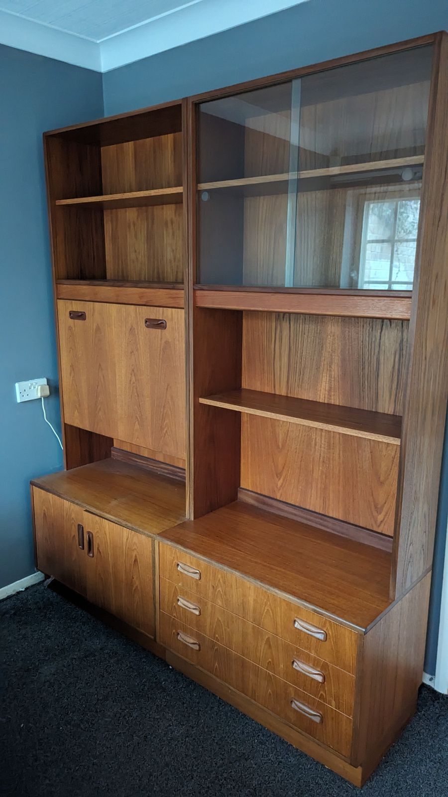 Reduced!!! 3 X G Plan Matching Tall Cabinets   All In Beautiful Condition With Original Lights Working. 1 X Bureau, 1 X Bar, 1 X Glass And Cutlery