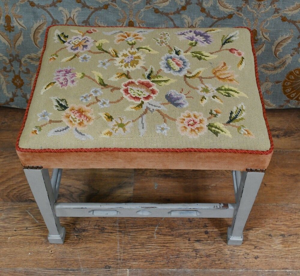 Painted Edwardian Stool Tapestry Needlepoint photo for sale