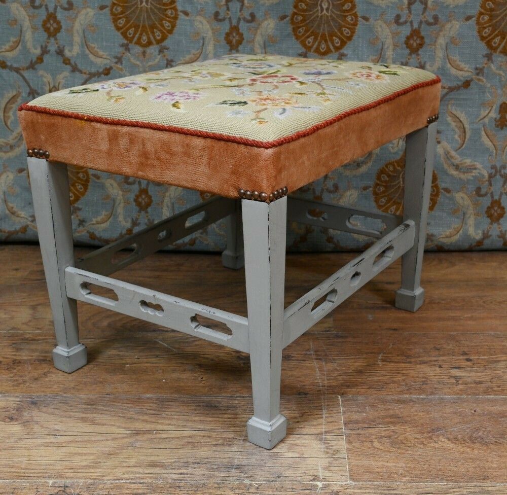 Painted Edwardian Stool Tapestry Needlepoint photo vintage