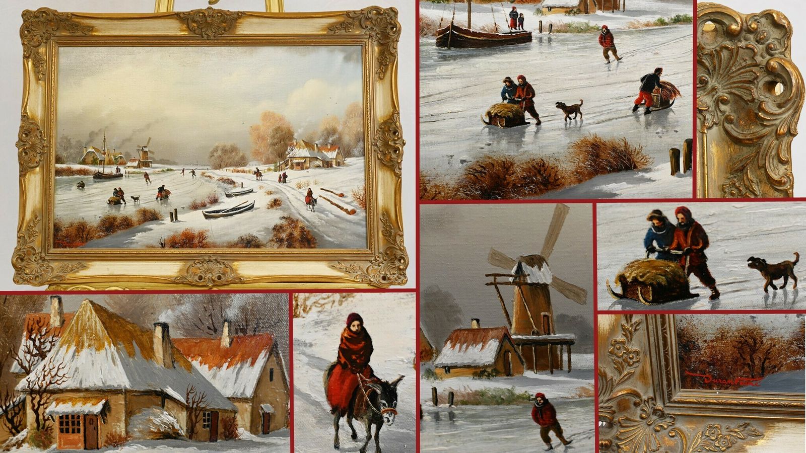Flemish Oil Painting Winter Snow Landscape Gilt