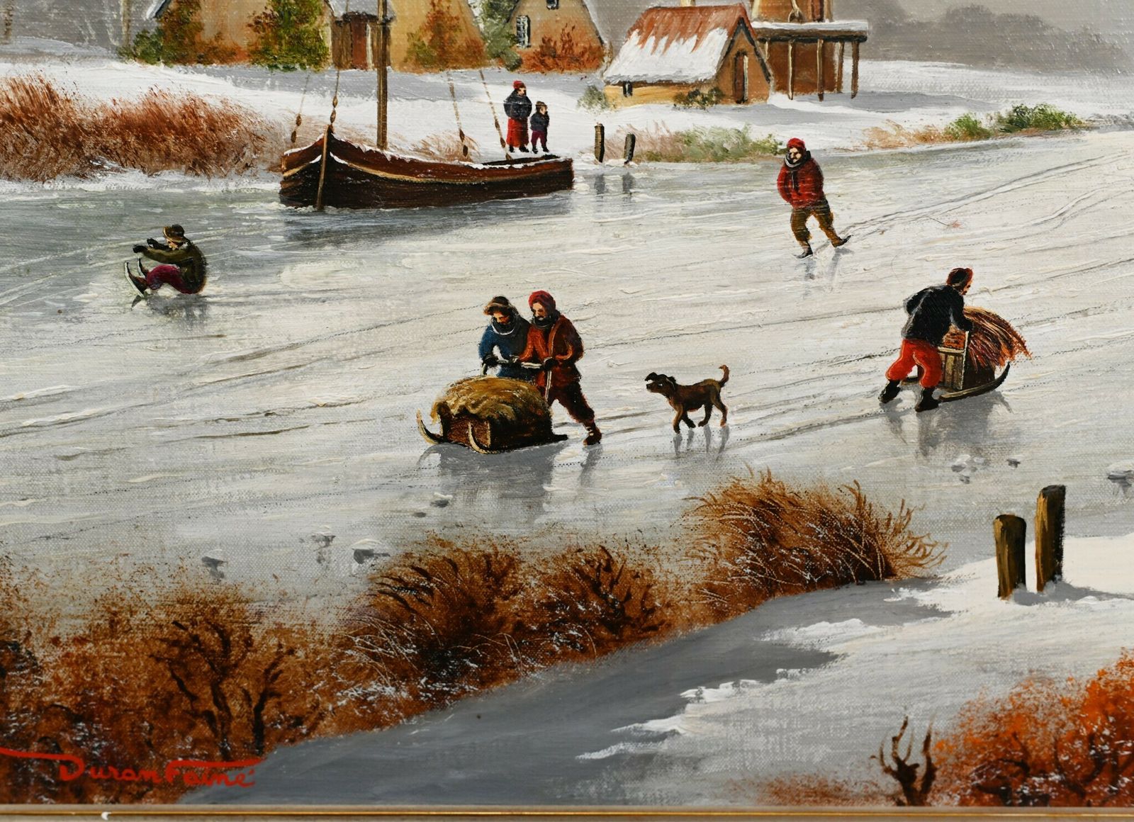 Flemish Oil Painting Winter Snow Landscape Gilt photo for sale