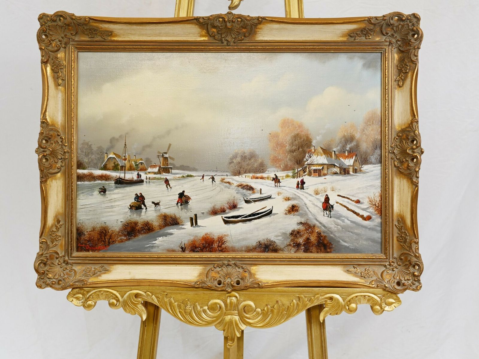 Flemish Oil Painting Winter Snow Landscape Gilt photo 1150.0