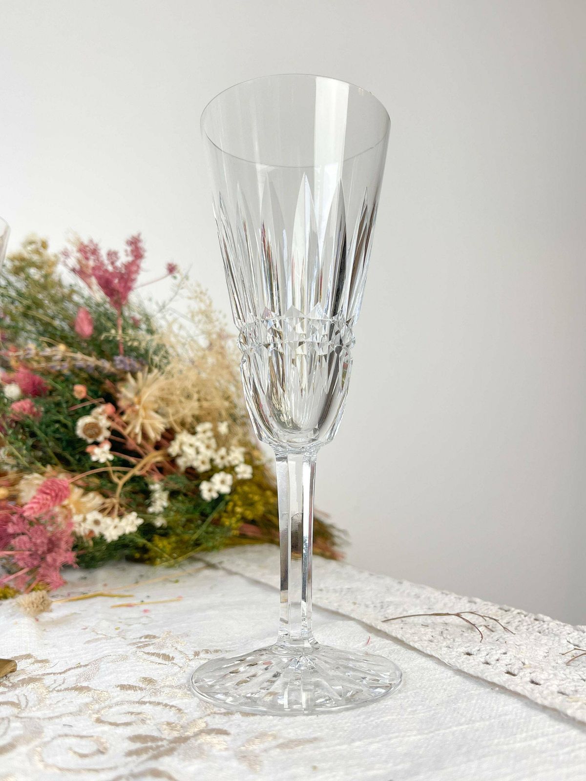 9 French Chiseled Crystal Flutes   Crystal Stemmed Glasses   Vintage Champagne Glasses   Crystal Glasses   20th Century photo vinterior
