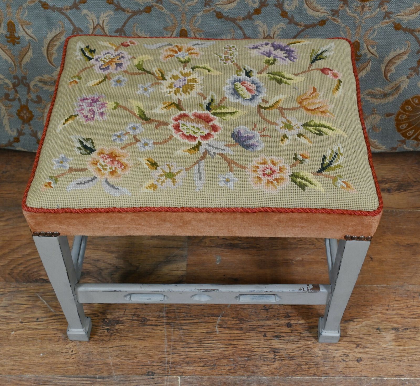Furniture Painted Edwardian Stool Tapestry Needlepoint photo