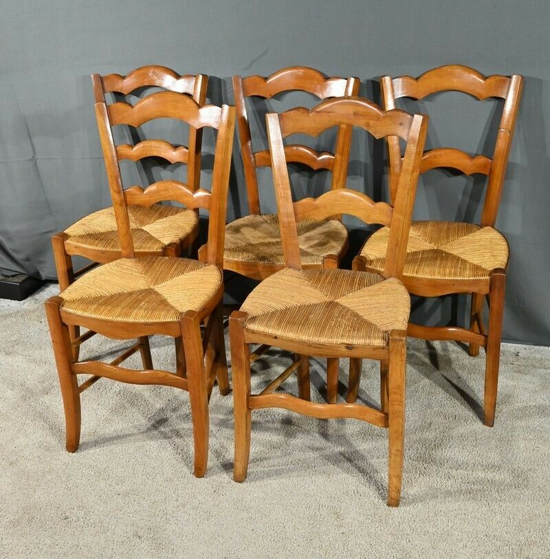 Suite Of 5 Cherry Country Chairs, Louis Philippe Style – Late 19th Century photo for sale