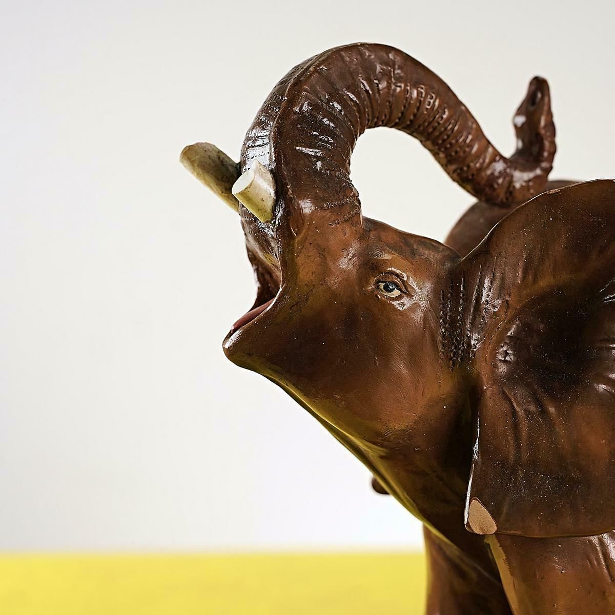 Glazed Terracotta Elephant With Vintage Wooden Base photo furniture