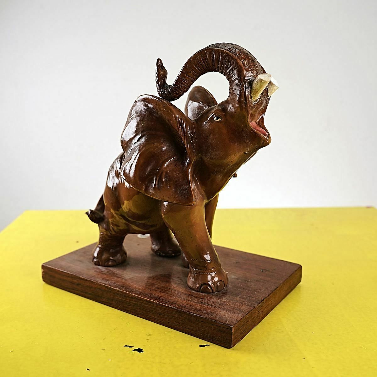 Glazed Terracotta Elephant With Vintage Wooden Base photo for sale