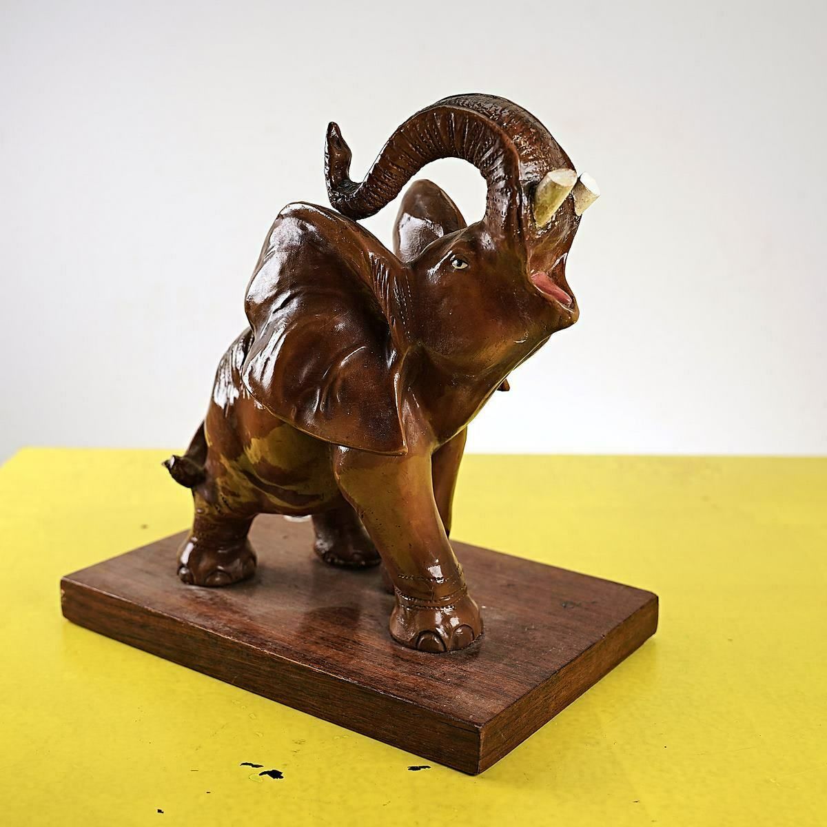Glazed Terracotta Elephant With Vintage Wooden Base photo 54.0