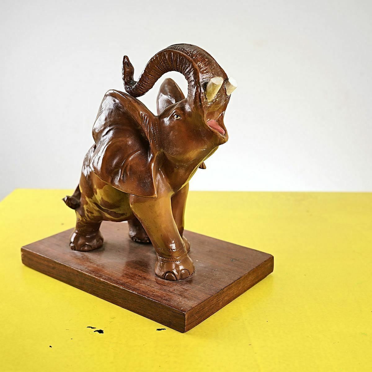 Glazed Terracotta Elephant With Vintage Wooden Base photo buy