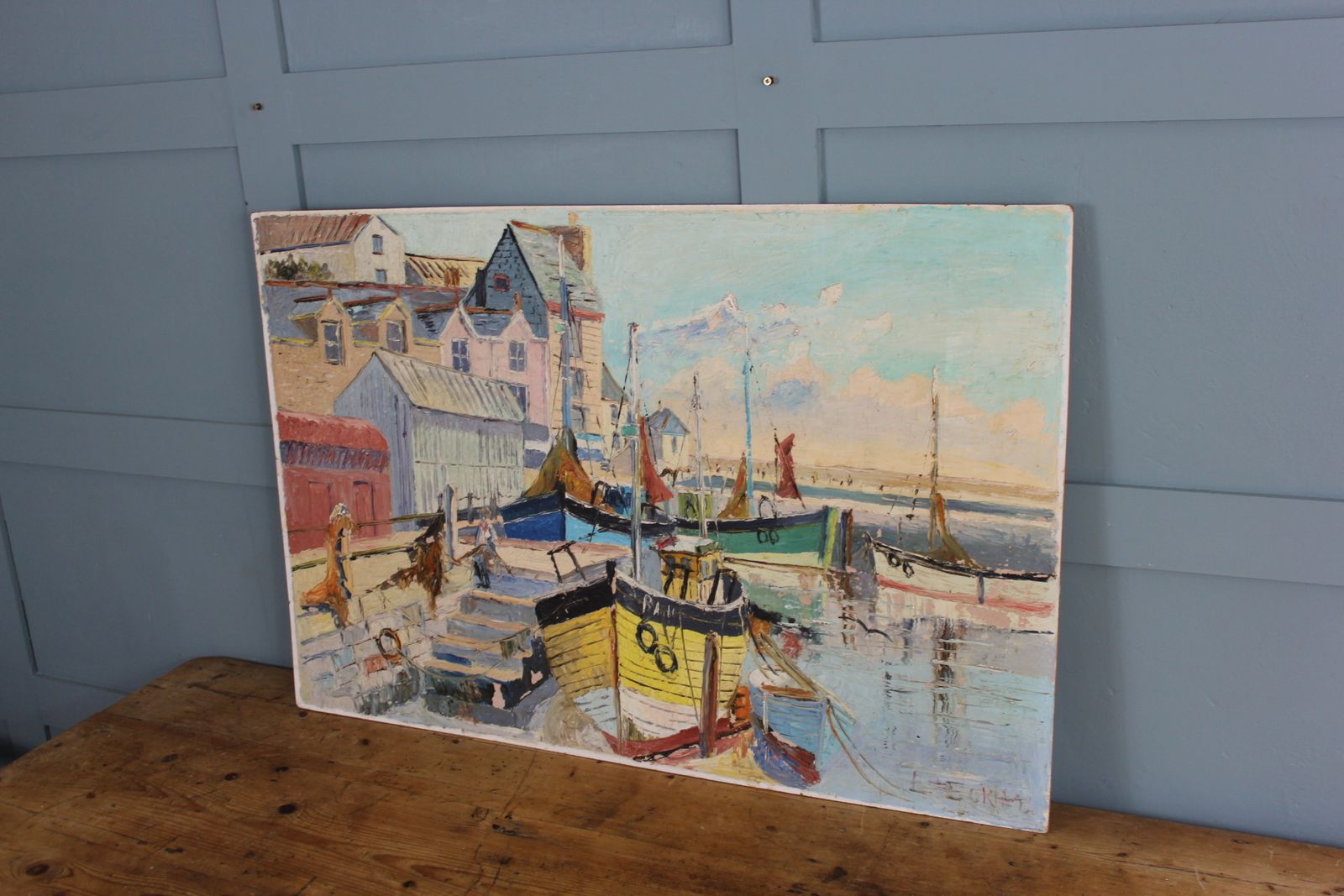 “Original 1950s French Riviera Oil Painting – Midcentury Coastal Scene photo vinterior