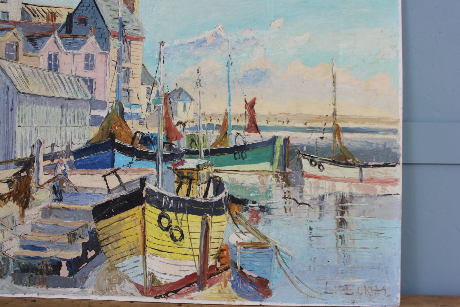 photo furniture “Original 1950s French Riviera Oil Painting – Midcentury Coastal Scene