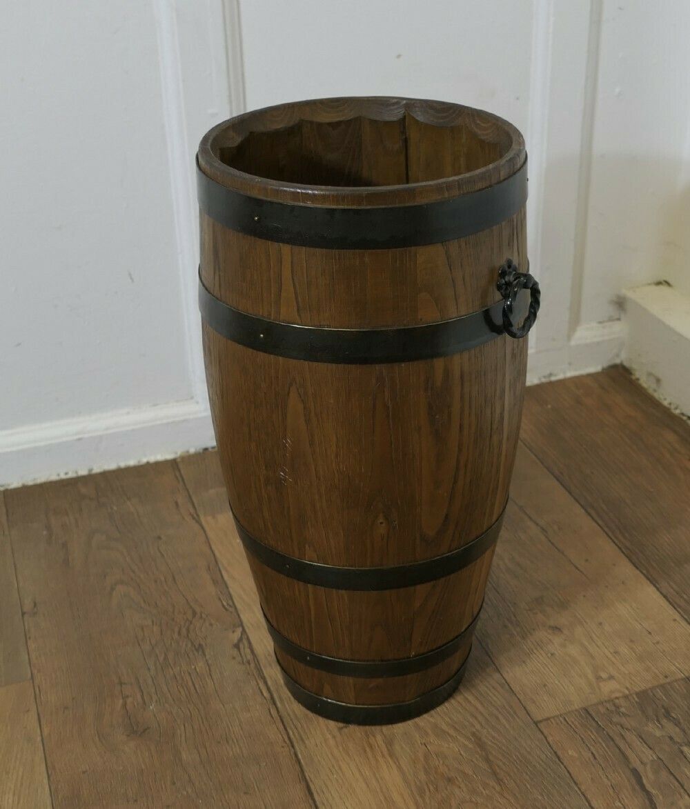 A Large Golden Oak Iron Bound Barrel Stick Stand photo for sale