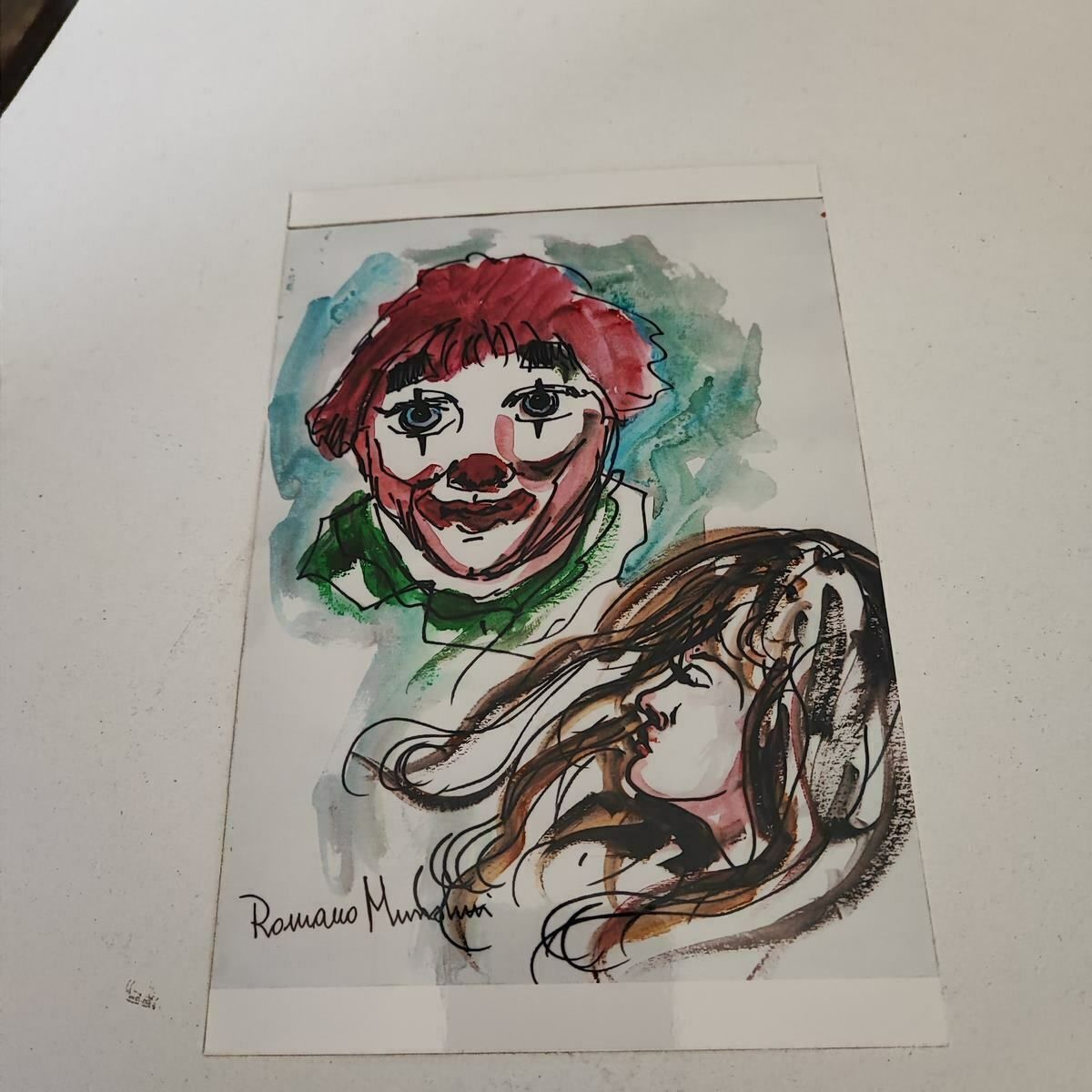 photo for sale Work By Romano Mussolini Mixed Media, Clown And Girl