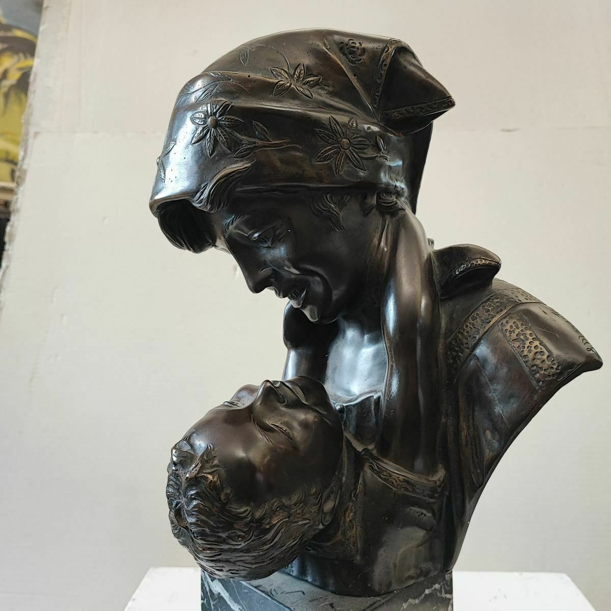 Bronze Sculpture, Anonymous Artist Maternita" Woman With Child With Marble Base photo buy