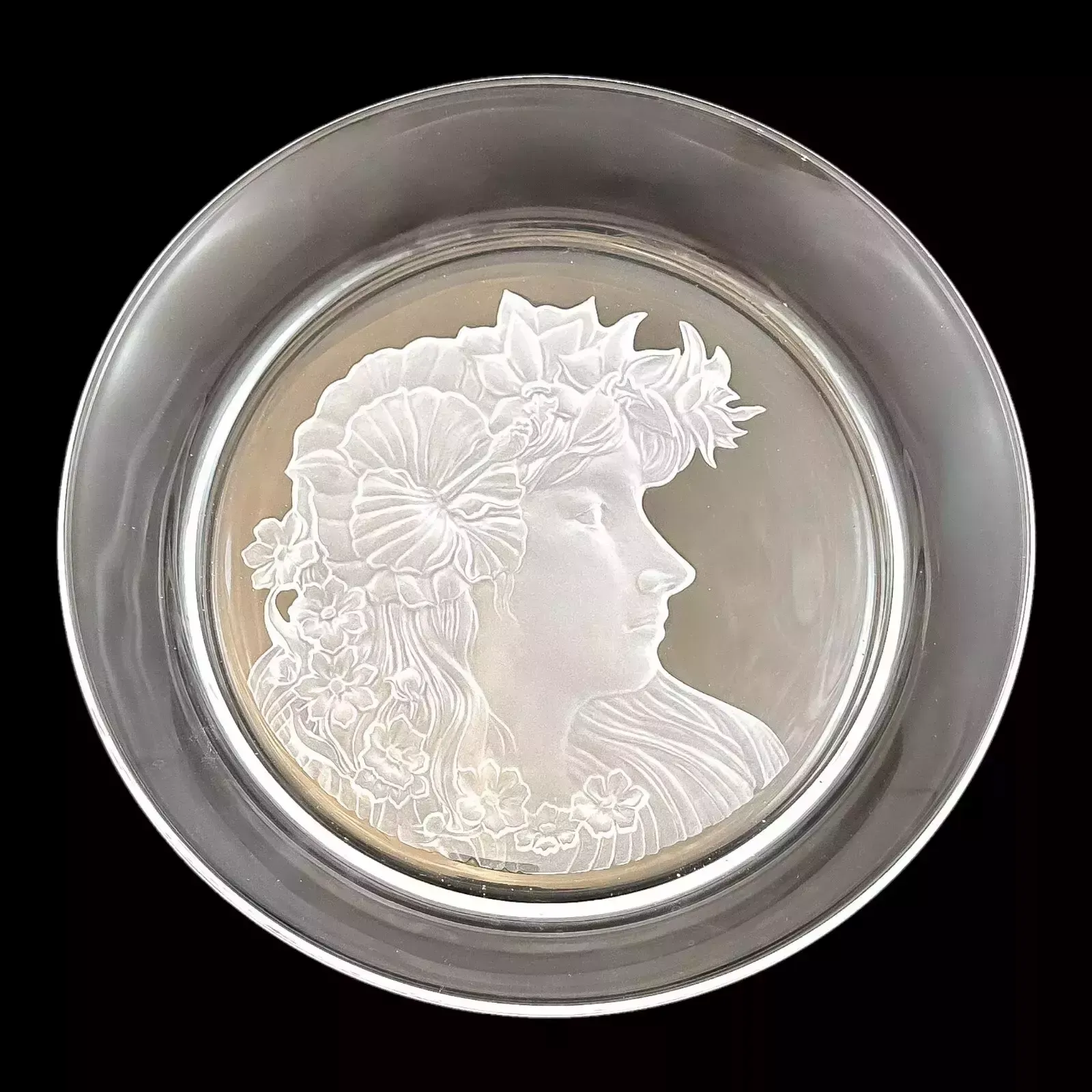 Art Nouveau French Decorative Crystal Tray; Silhouette Young Woman Flowing Hair photo 140.0