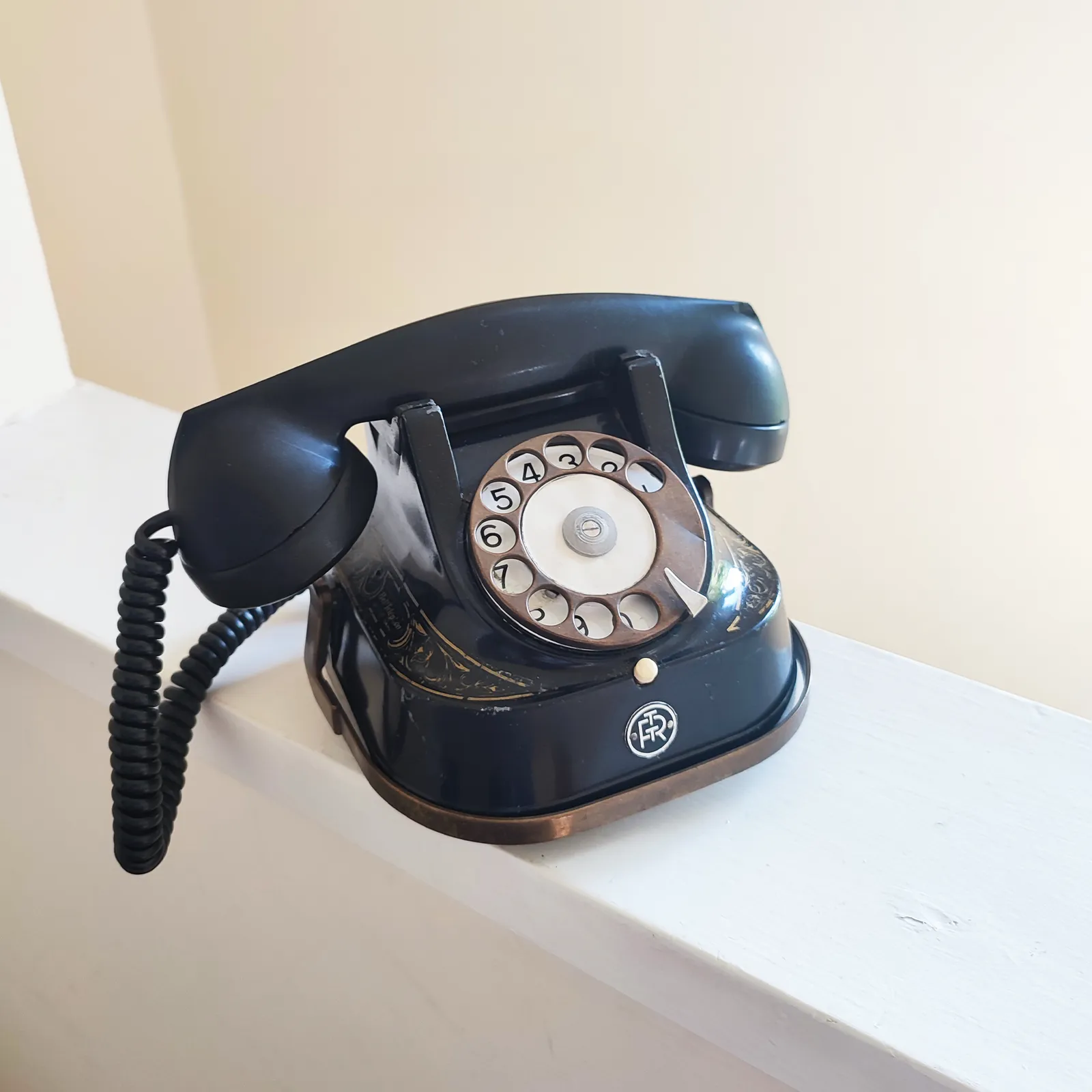 30's Vintage Belgian Bakelite Bell Telephone   White Star   Antwerp Belgium   Rotary Dial W/ Brass Carry Handle   Rtt 56 B   Film Movie Prop photo furniture