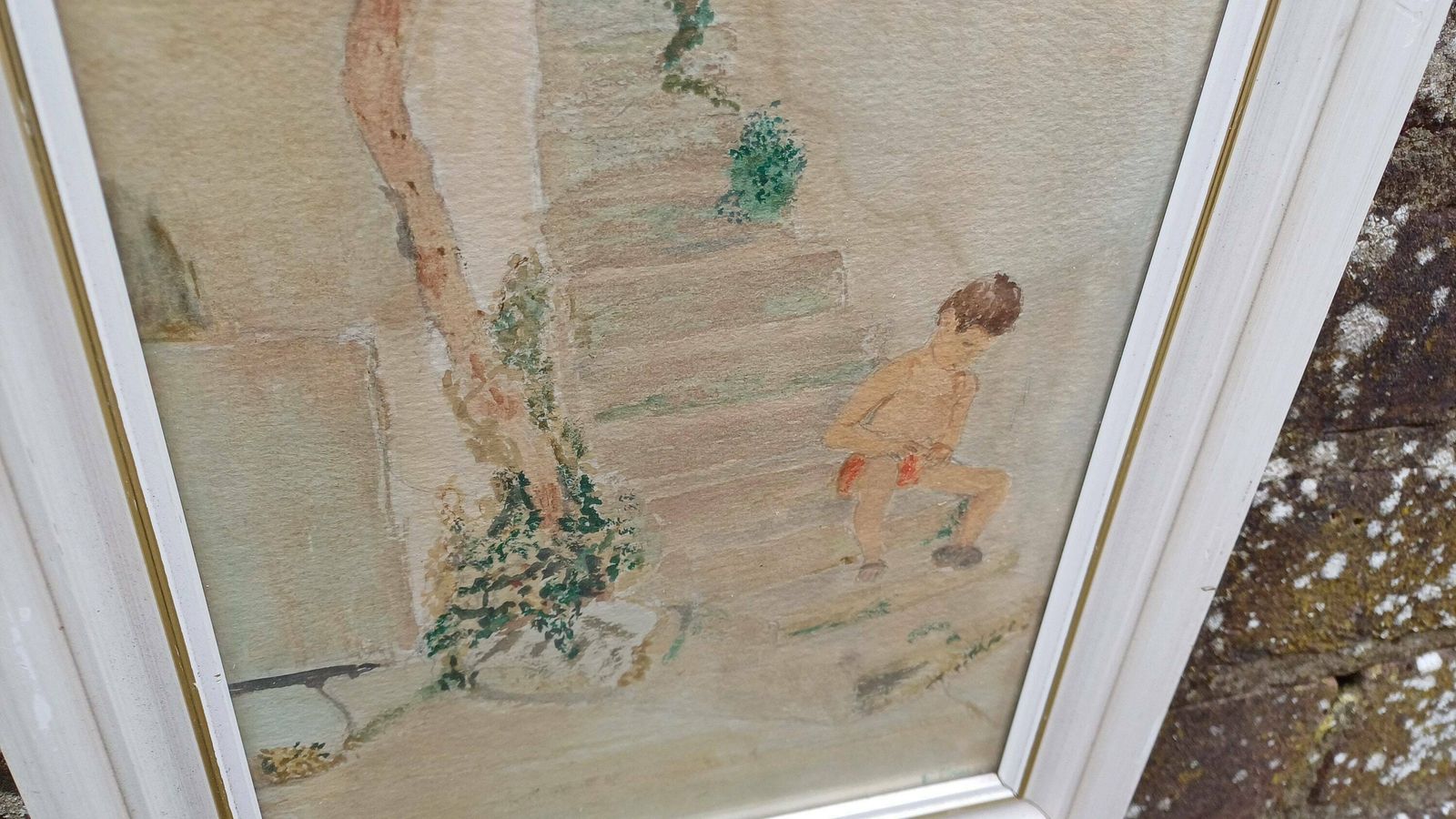 Vintage Watercolour Of A Mediterranean Village Scene, Boy On Steps Enjoying Hot Weather. Small Vertical Painting In Glazed Retro Frame. photo vinterior