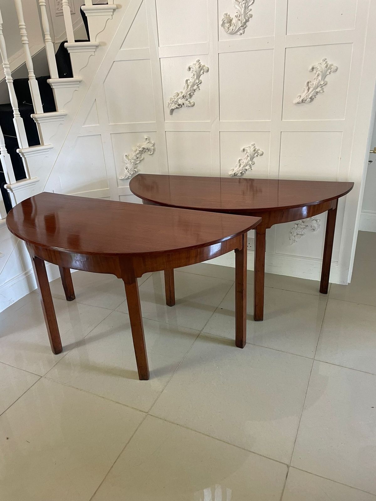 Large Pair Of Antique 19th Century Quality Figured Mahogany Demi Lune Shaped Tables