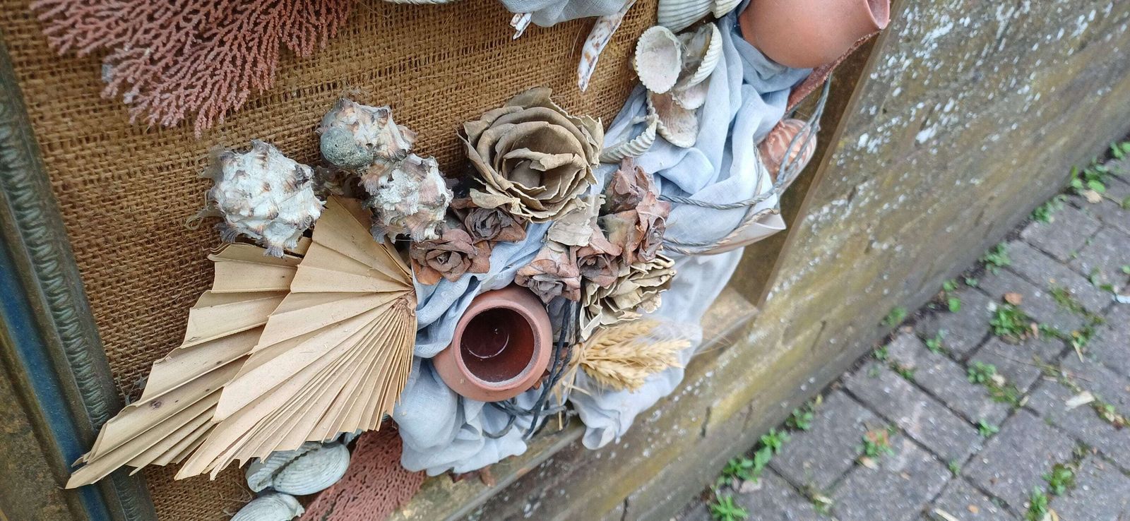 Stunning Piece Of 3d Craft/ Collage   Real Shells, Coral, Material, Plants All Displayed On A Hessian Backing In A Upcycled Vintage Frame photo for sale