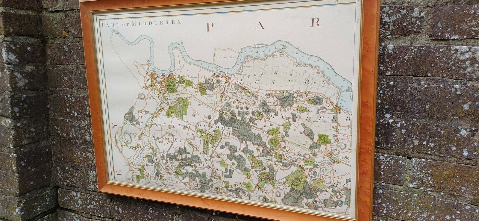 Vintage Hand Coloured Reproduction Of Original Engraving Of A Map Of Middlesex (Part), Vintage Map Print photo vintage