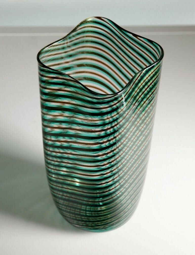 Murano Glass Mezza Filgrana, Green Amethyst Clear With Gold Leaf, Cenedese Attr photo vintage
