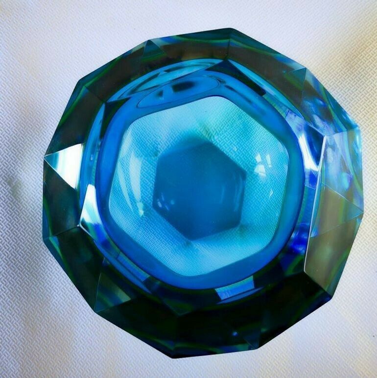 Flavio Poli Seguso Va Sommerso Faceted Bowl Clear Cobalt Uranium Yellow, 1960s photo furniture