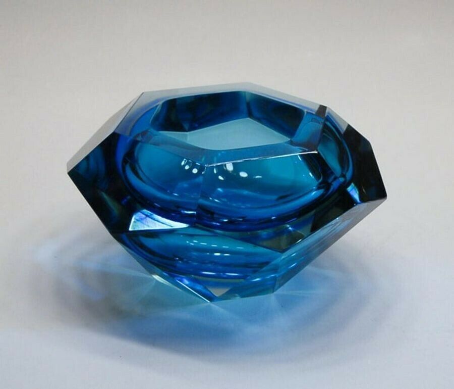 Flavio Poli Seguso Va Sommerso Faceted Bowl Clear Cobalt Uranium Yellow, 1960s photo vintage