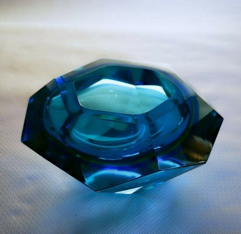photo furniture Flavio Poli Seguso Va Sommerso Faceted Bowl Clear Cobalt Uranium Yellow, 1960s