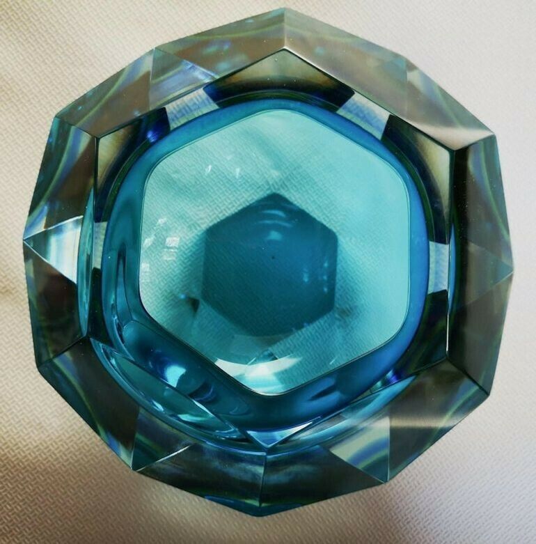 photo vinterior Flavio Poli Seguso Va Sommerso Faceted Bowl Clear Cobalt Uranium Yellow, 1960s