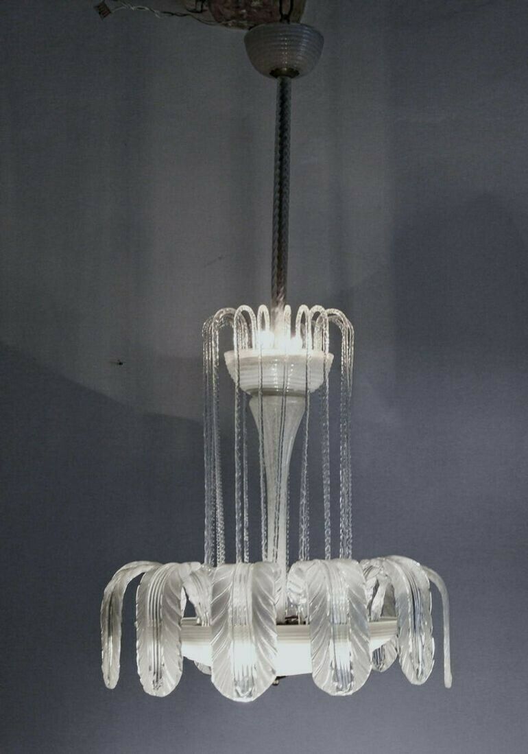 Imposing Rare Barovier Fountain Chandelier, White Puligoso, 1930s, Murano Deco photo furniture