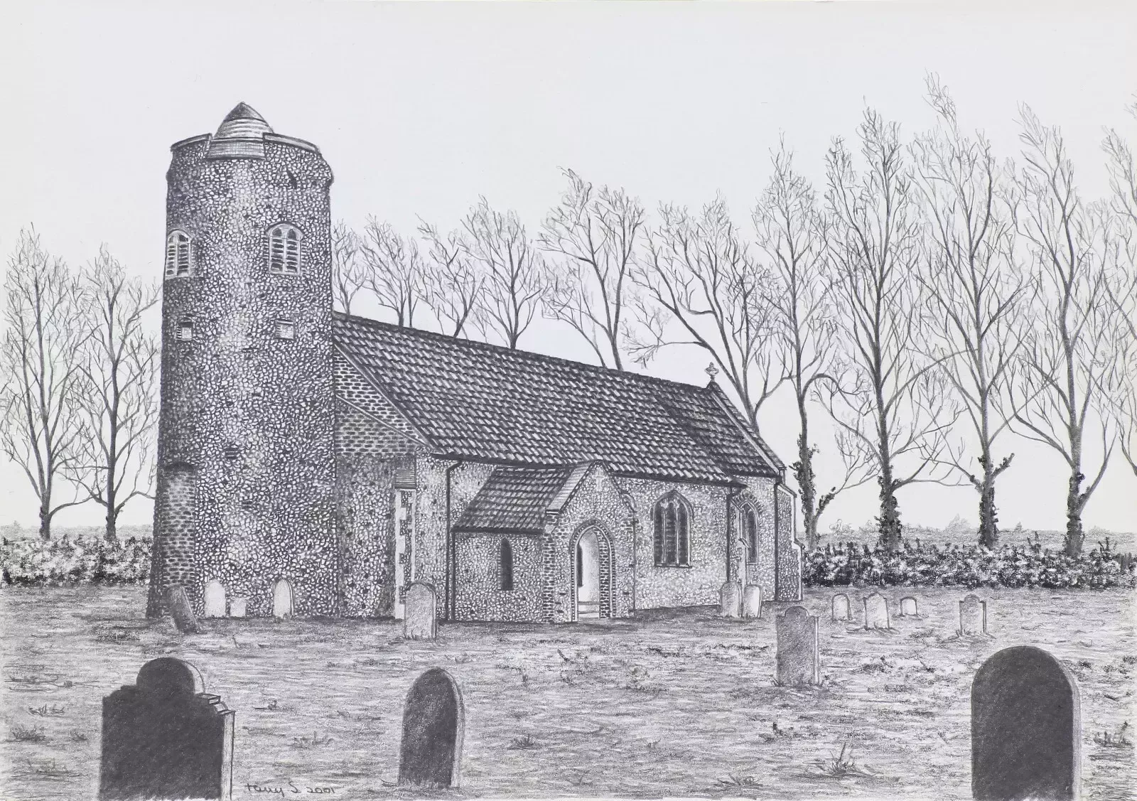 Pencil Sketch By Tony Stickland. All Saints Hemblington Church, Norfolk photo furniture