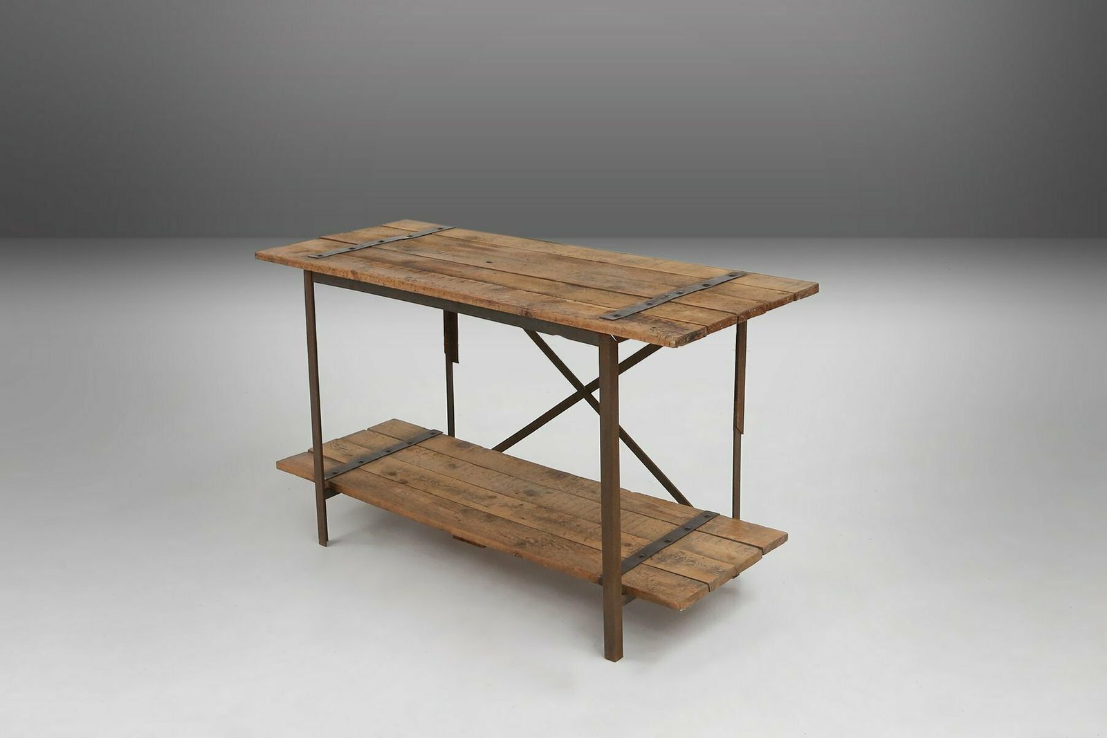 Industrial Side Table With Metal Frame And Wooden Top And Removable Platform, Belgium, 1920s photo furniture
