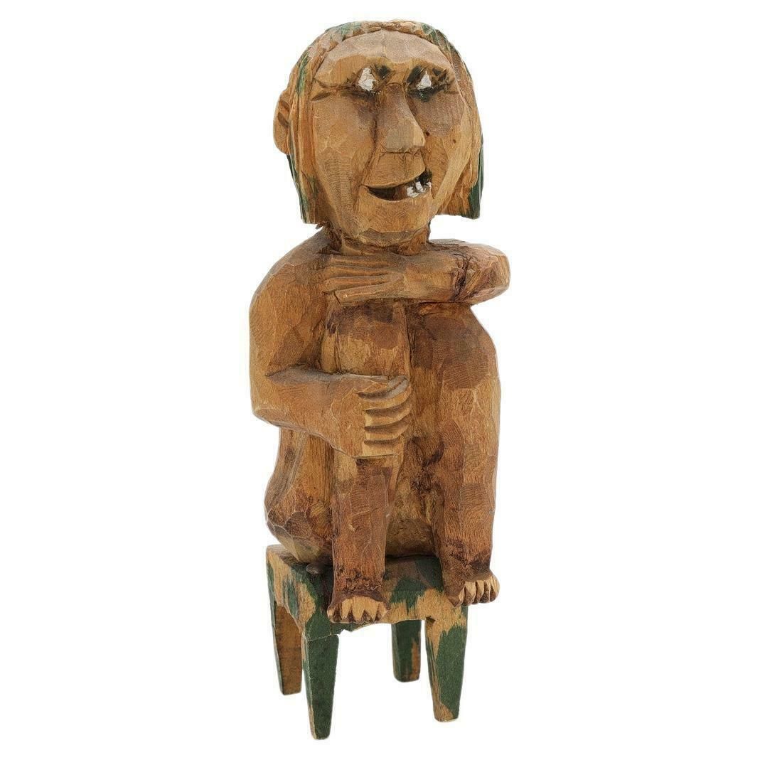 Antique Decorative Wooden Figurine Seated Figure On Stool 19 Century Swedish