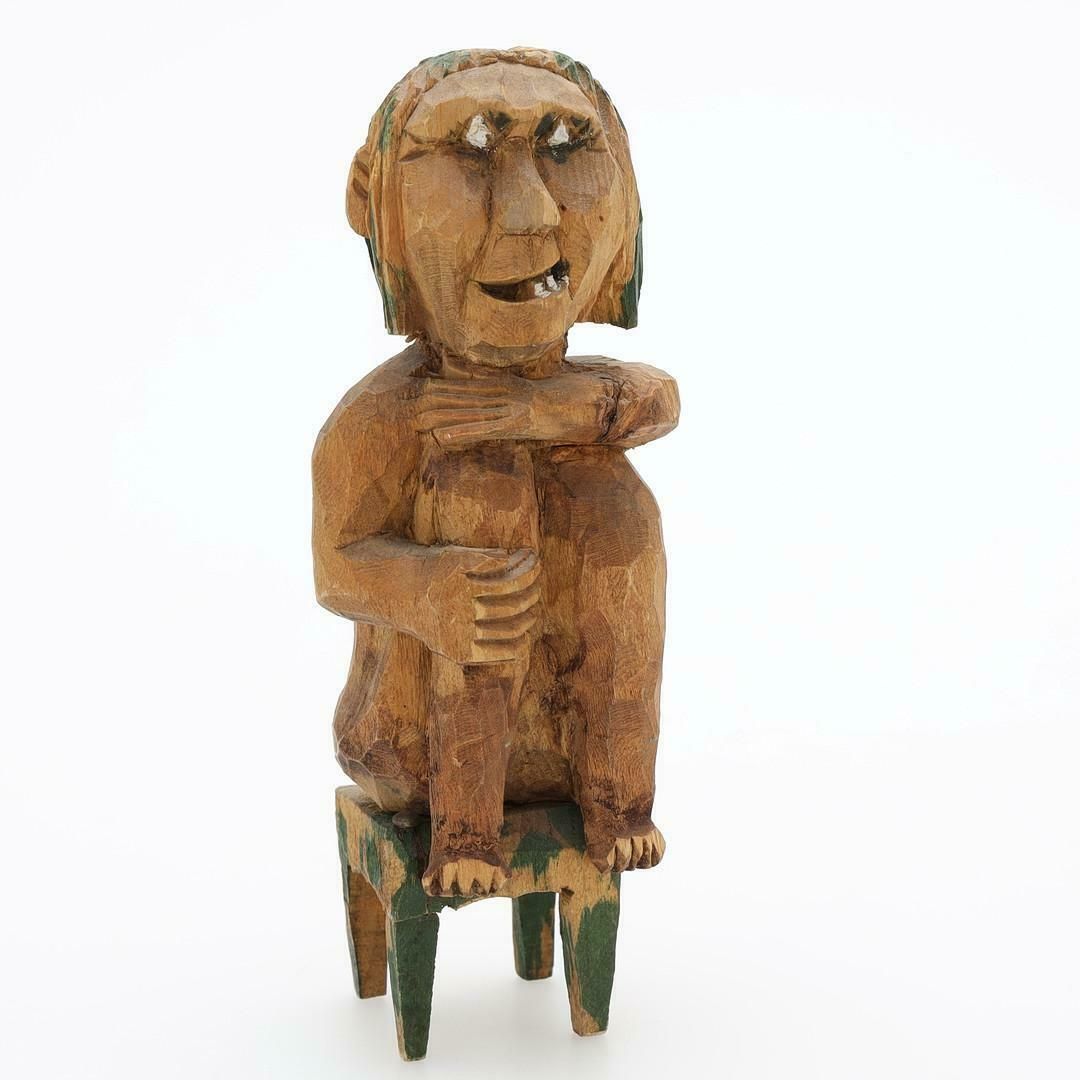 Antique Decorative Wooden Figurine Seated Figure On Stool 19 Century Swedish photo 520.0