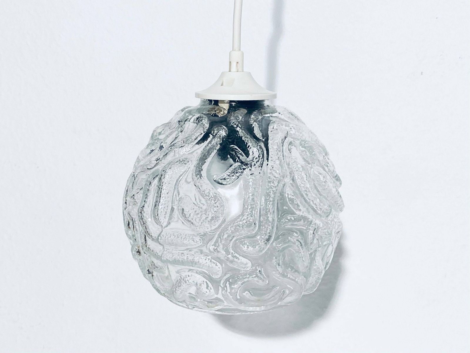 Small 1970s Frosted Glass Ball Globe Hanging Lamp / Vintage Space Age Bulb Decor