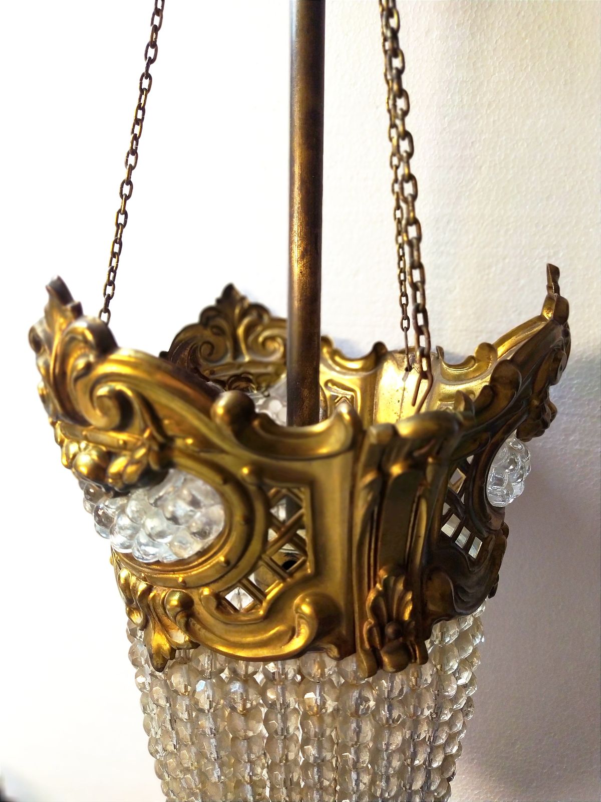 Early 1900's Art Nouveau Brass And Crystal Bead Pendant Light. photo for sale