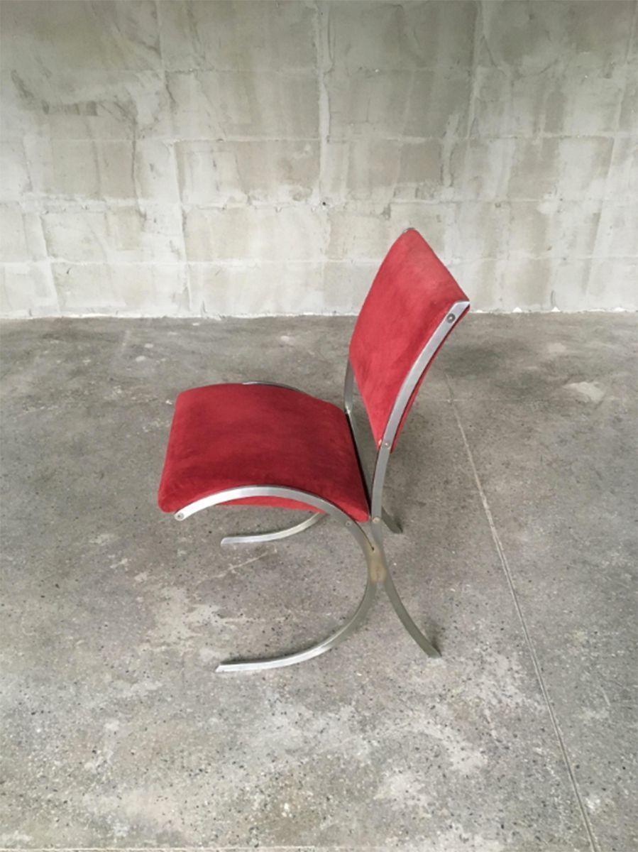 Set Of 4 Vintage Red Velour & Chrome Dining Chairs From Maison Jansen photo vintage