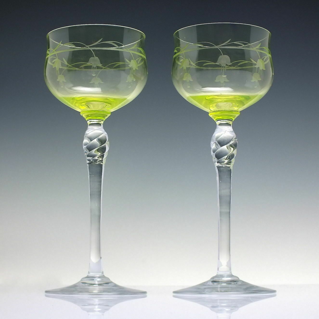 Pair Art Nouveau Vaseline Engraved Hock Glasses C1920