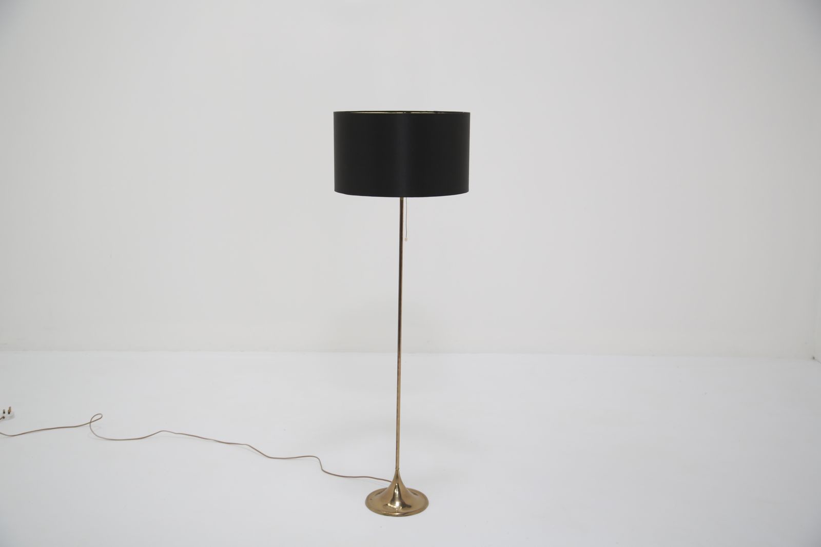 Brass Floor Lamp With Drum Shade, Model G 025, By Alf Svensson, Bergboms, Sweden, 1960s.