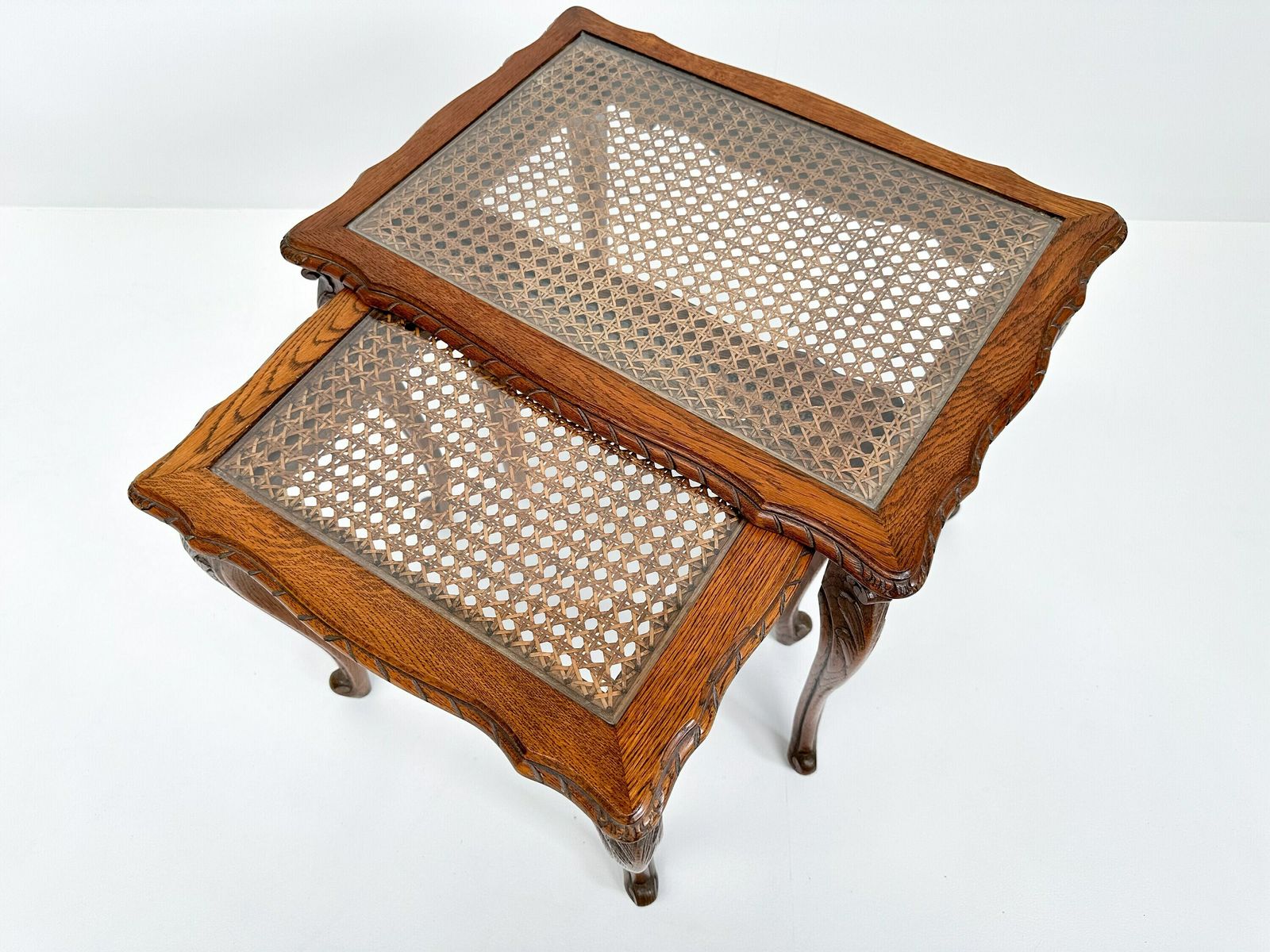 Vintage Set Of 2 Nesting Tables With Cane And Glass Top | Queen Anne Revival Style photo vinterior